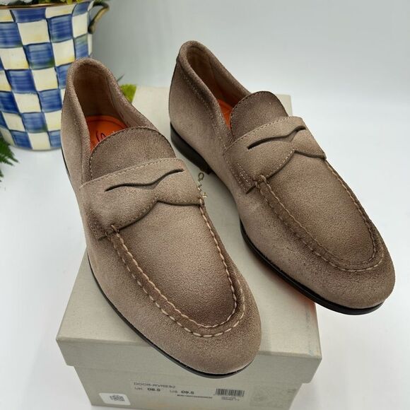 Men’s Santoni Carlos suede Penny loafer size 9.5 made in Italy cobbler soles - Picture 1 of 9